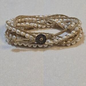 Victoria Emerson Tan Leather and Pearls Wrap Bracelet, 36" Long K338 New‎